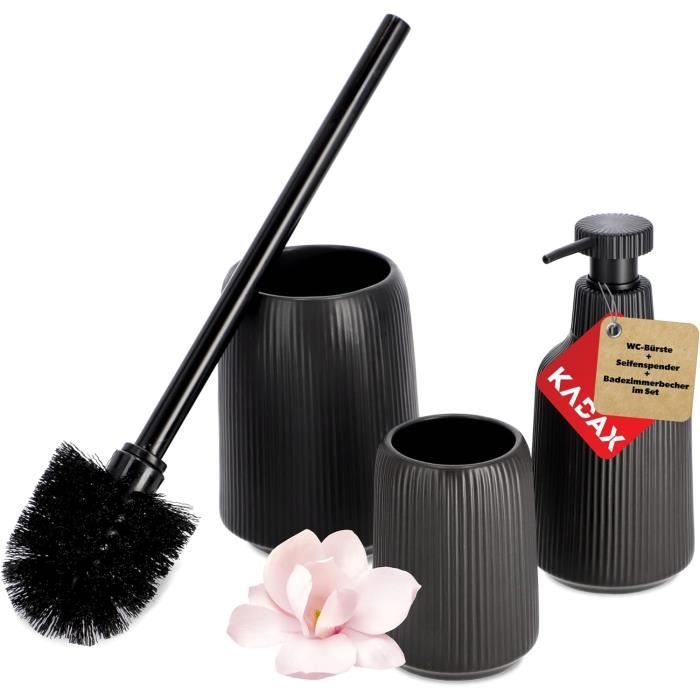 Ensemble Salle De Bain 6 Pièces Beige - Poubelle, Brosse WC, Distributeur Savon, Porte-Brosse à Dents, Gobelet, Porte-Savon