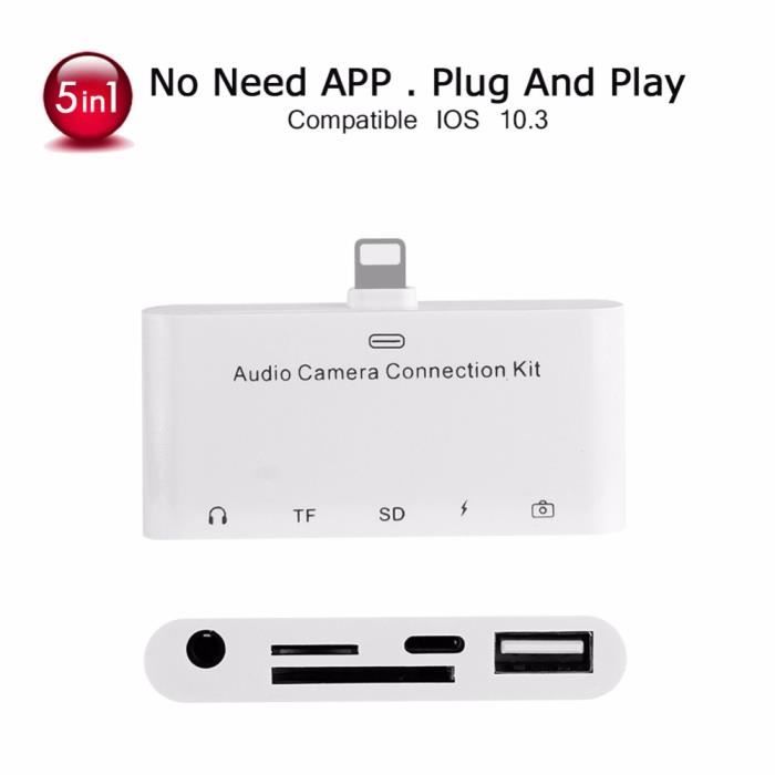 Adaptateur de kit de connexion caméra audio 5 en 1 Lightning 3.5mm avec