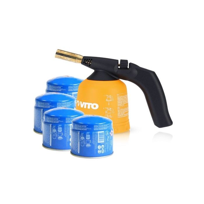 Lampe a souder à gaz ABS Allumage piezo + 4 Cartouches de gaz 190gr Perçables VITO Lampe a souder à gaz ABS Allumage piezo + 4 Cartouches de gaz 190gr Perçables VITO