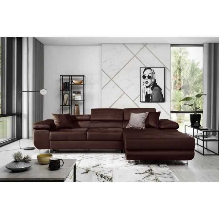 Canapé dangle convertible ARMEL en tissu luxe 5 places couleur chocolat avec coffre angle droit (vu de face)