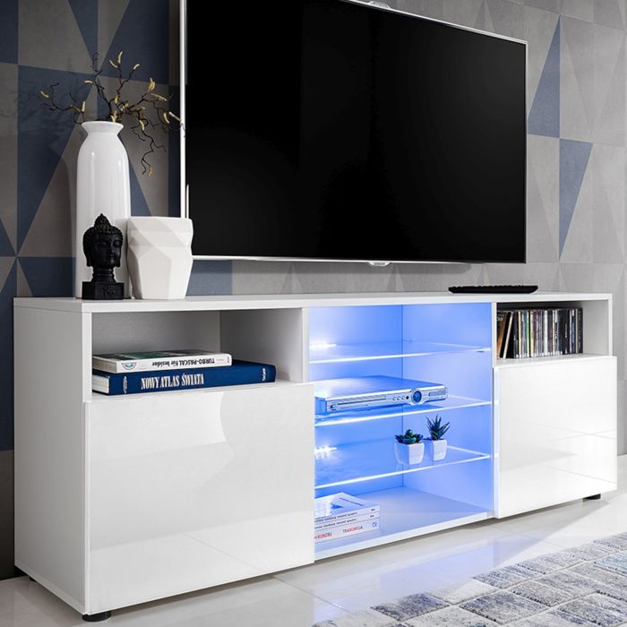 Meuble TV Urbino Komodee - LED bleues - Blanc Brillant et Blanc - Facades en Brillant - 140 x 53 x 35 cm Meuble TV Urbino Komodee - LED bleues - Blanc Brillant et Blanc - Facades en Brillant - 140 x 53 x 35 cm