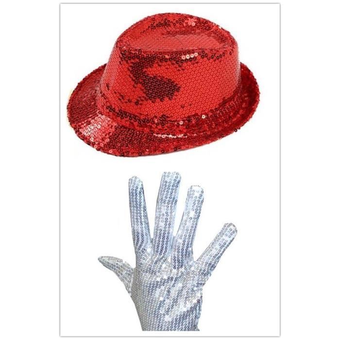 Rouge - Gants à paillettes argentés Michael Jackson pour hommes et femmes,  ensemble de chapeaux de fête pour