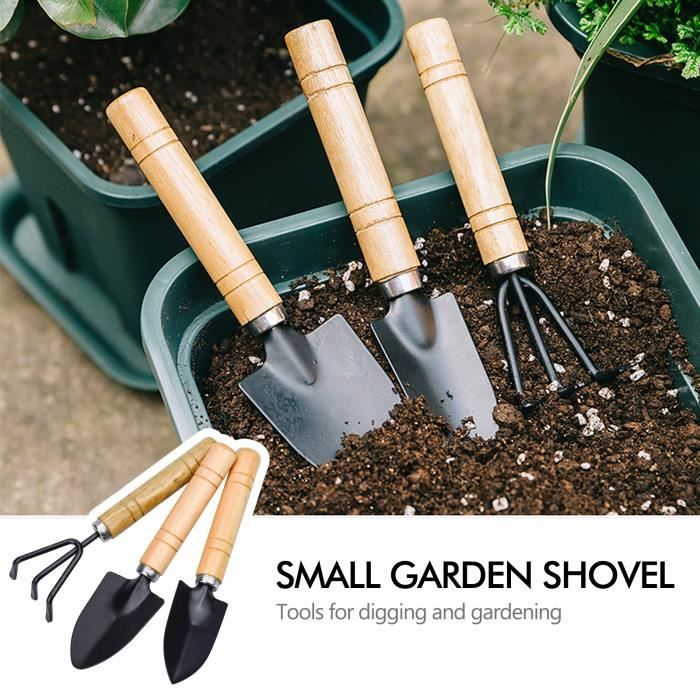 Lot de 3 outils de jardin, 2 Mini pelles + 1 râteau, outil de jardinage portable, bois + fer, Longueur du manche 10 cm - Noir