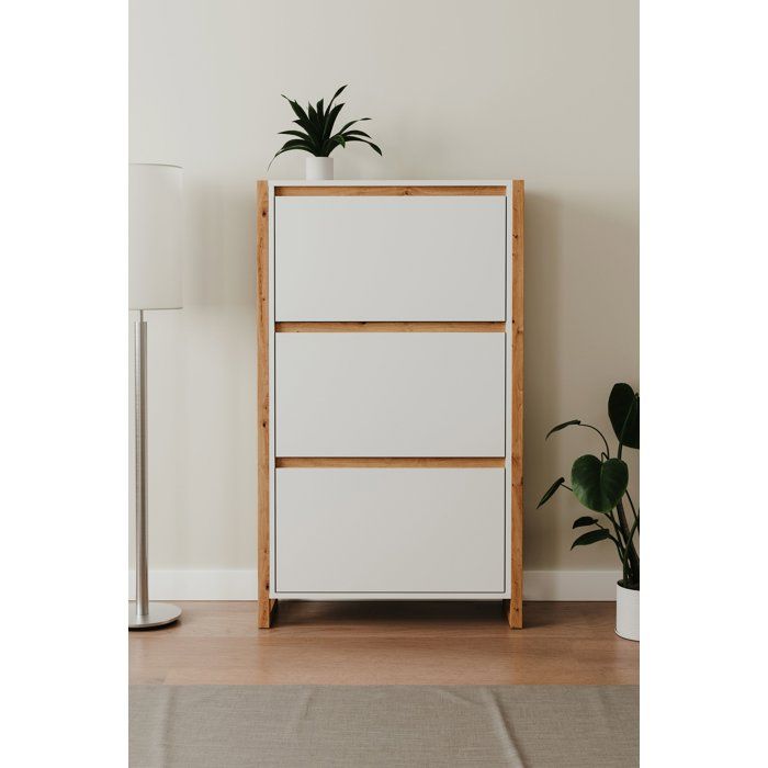Meuble à chaussures - Blanc et chêne - 12 paires - L70 x P25 x H125 cm - DENVER