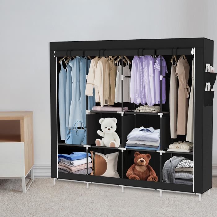 Armoire pliante ERROLVES - Noir - 167*45*170cm - 6 compartiments détagère + espace pour suspendre les vêtements