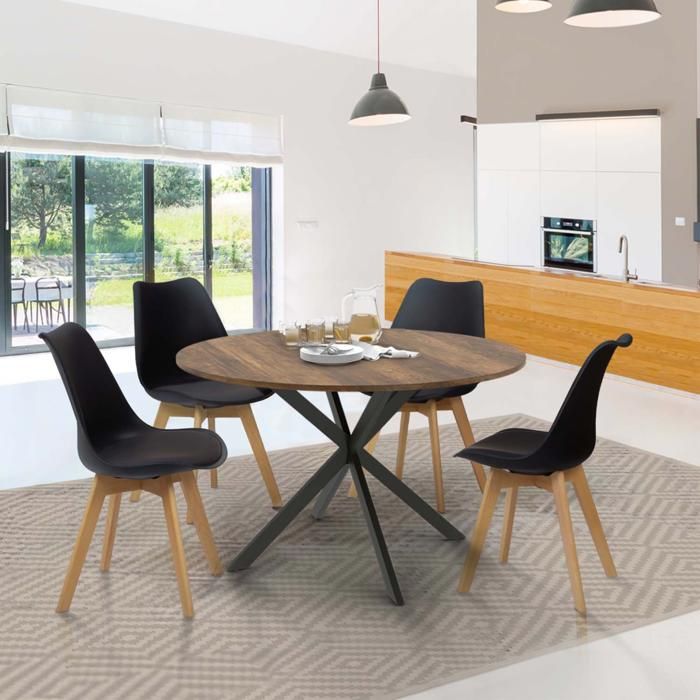 Table à Manger Ronde IDMarket Alix 110cm - Bois Et Métal Noir, 6 Personnes
