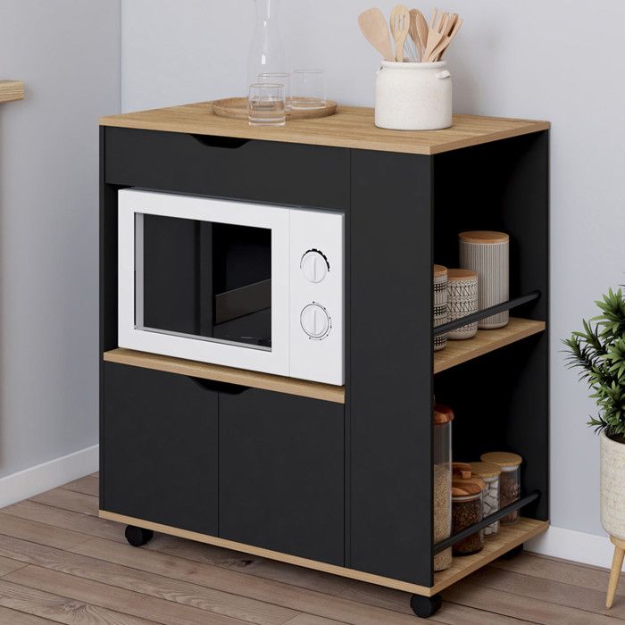 IDMARKET Desserte micro-onde de cuisine COSI placard avec tioir et étagères à épices bois noir et plateaux façon hêtre L.76 cm