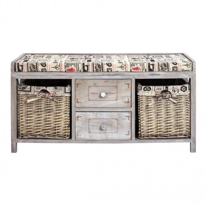 Mobili Rebecca Banc 2 Panier 2 Tiroir Coussin Osier Bois Gris