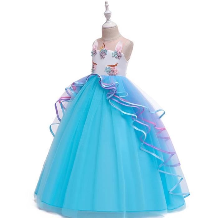 Licorne Robe Longue Princesse Fille De Anniversaire Ceremonie Sans Manches Robe De Bal Soiree En Tulle Bleu Cdiscount Pret A Porter