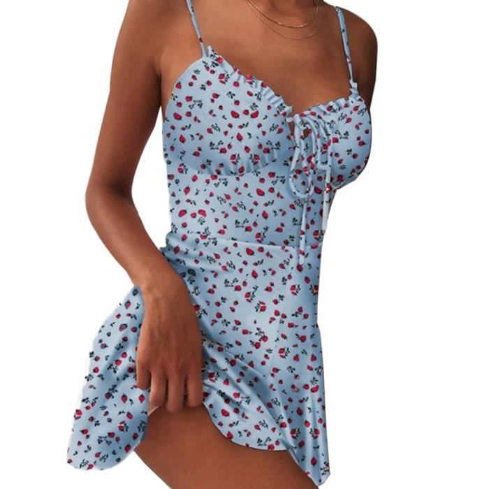 Robe D'été Femme Sans Manches - Col Rond, Bretelles Spaghetti, Volants, En Polyester Léger