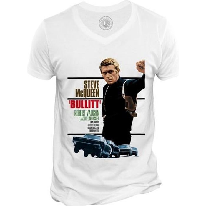 T shirt Homme Col V Affiche de Film Bullit Steve Mc Queen