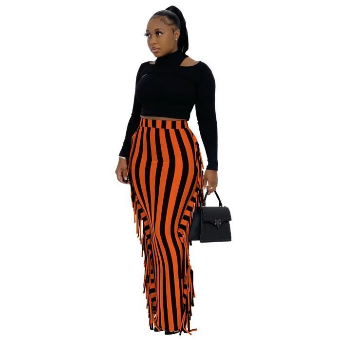 Jupe Jupe a franges laterales pour femmes taille haute droite slim extensible elegant tendance sauvage black orange strip Blanc Cdiscount Pret a Porter