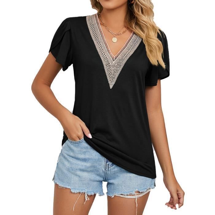 T-shirt Femme Col V dentelle Manches courtes Noir INSFITY