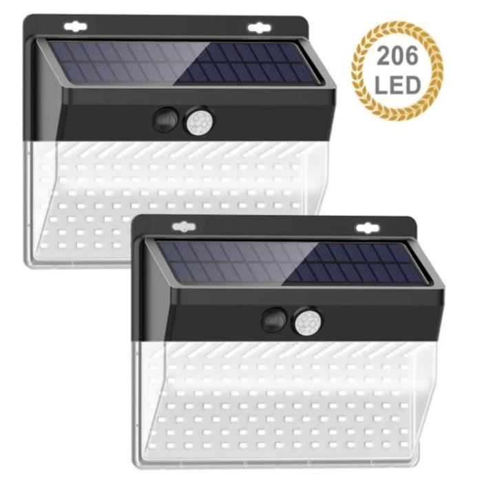 Lampe Solaire Extérieur 2 Pack 206 led 270° Détecteur de Mouvement éclairage Solaire Extérieur étanche Sans Fil Spot Solaire.