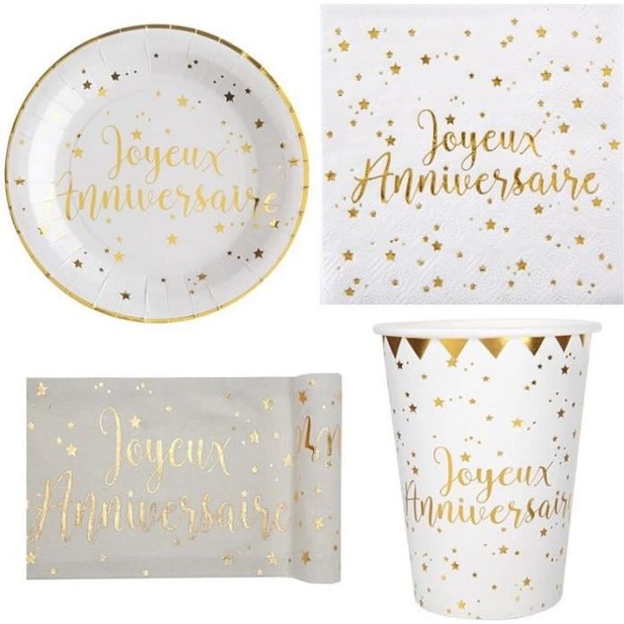 1 Pack joyeux anniversaire de 10 personnes blanc et or métallique