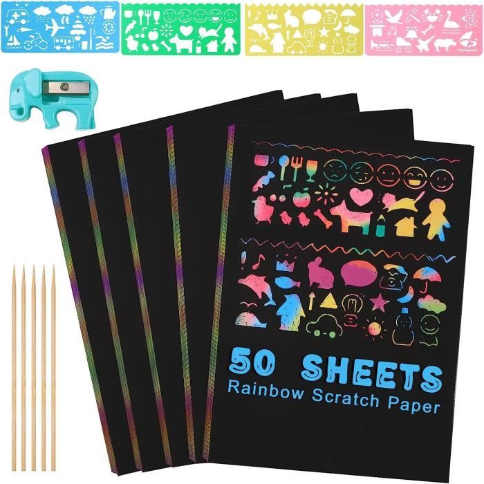Papier à Gratter Arc-en-Ciel - 100 Feuilles + 2 Stylos En Bambou - Activité Créative Pour Enfants - Jeu De Dessin Scratch Art - 13
