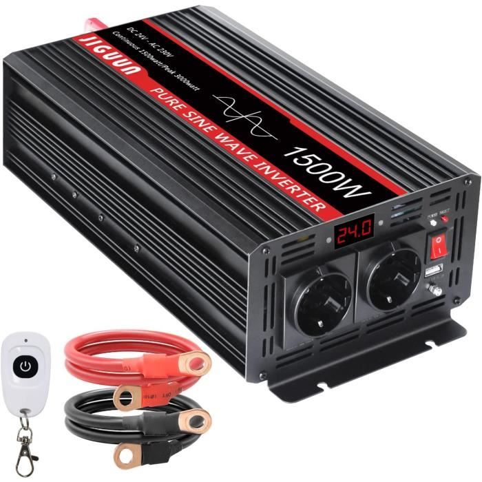 Onduleur Pur Sinus 1500W 12V/230V - Convertisseur DC/AC Avec USB - Protections Intégrées - Pour Camping, Solaire, Voiture - Dimensions 220x290x88 Mm