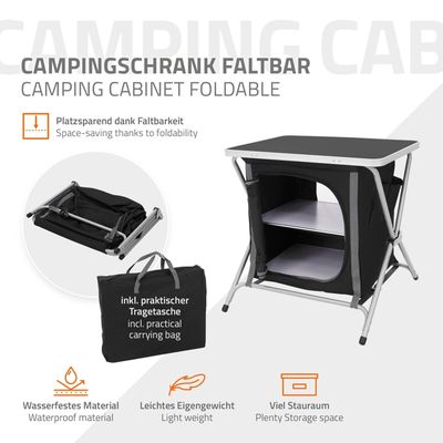 ECD Germany Armoire De Camping Pliable – 4 étagères, Plan De Travail, Sac De Transport – Gris Effet Bois