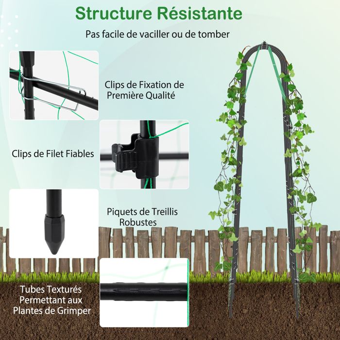 Treillis De Jardin En Arche U - 230 Cm Haut, Support Pour Concombres Et Plantes Grimpantes, Maille Résistante + Clips Premium