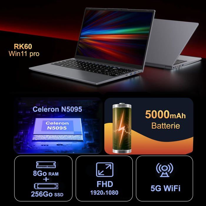 Ordinateur Portable 14 Pouces Celeron N5095 - 8Go RAM, 256Go SSD, Win11 Pro, écran FHD 1920x1080 | Portable Violet Métal Avec Souris Sans Fil