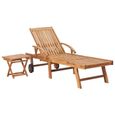 Chaise longue en bois de teck massif Haut de gamme® - Lot de 2 avec table - Marron-2