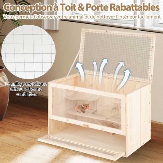 Cage Hamster En Bois Avec Toit Rabattable - 5 Plateformes, Rampe, Panneau Acrylique - Pour Hamster, Cochon D'Inde, Lézard (60x35,5x42 Cm)