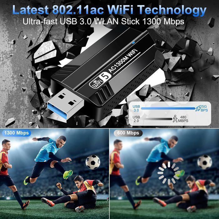 Clé USB WiFi - Leytn® - 1300Mbps - Antenne 5dBi - USB 3.0 - Compatible Windows/Mac/Linux - Informatique
