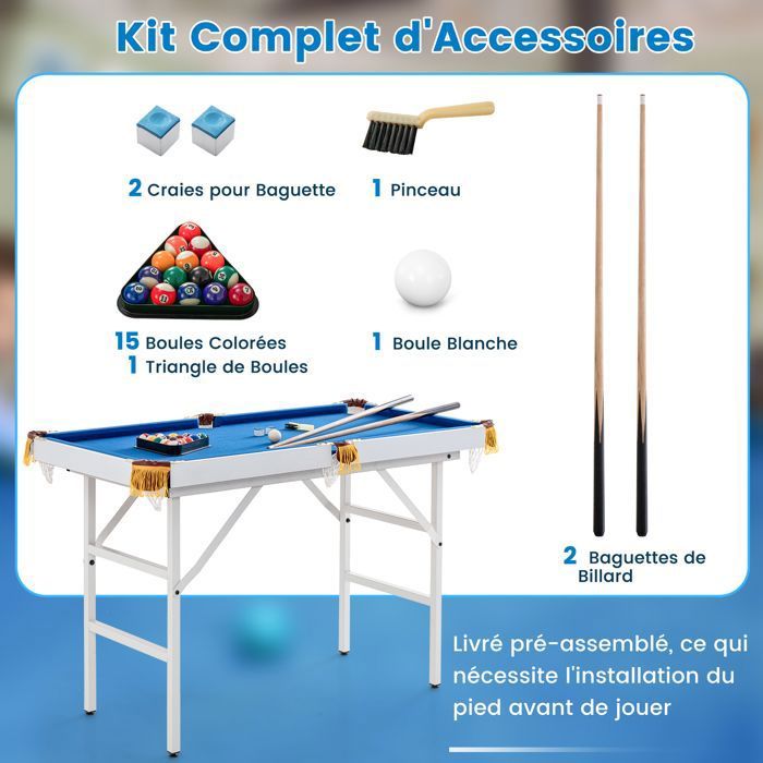 Mini Table De Billard DREAMADE 122 Cm – Complete Avec Boules, Queues, Craies, Brosse Et Triangle, Idéale Pour Espaces Réduits