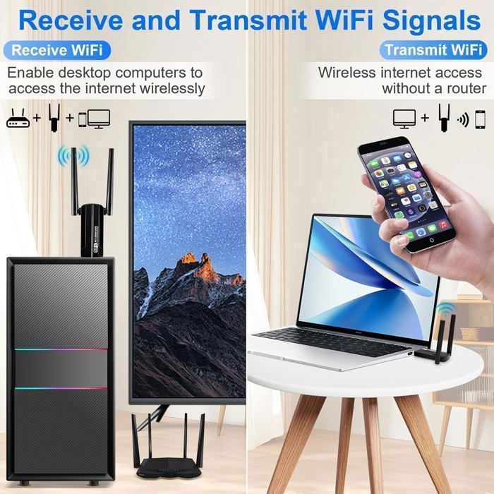 Clé Wifi USB 3.0 Maxesla Double Bande 2.4/5G - Puissante, MU-MIMO, Noir