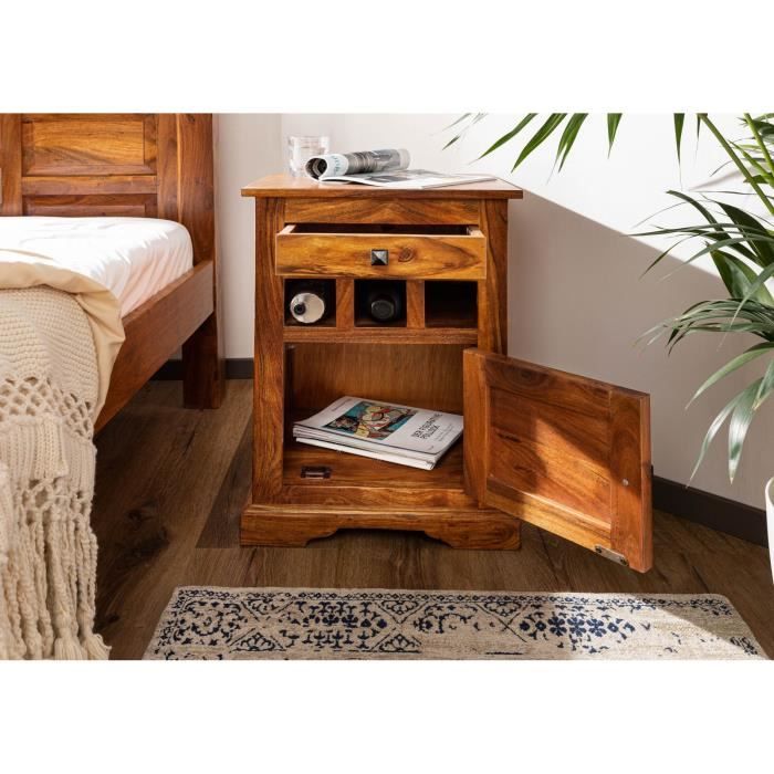 Table De Nuit - Bois Massif D'acacia Laqué (Nougat) - Style Colonial - Oxford #269