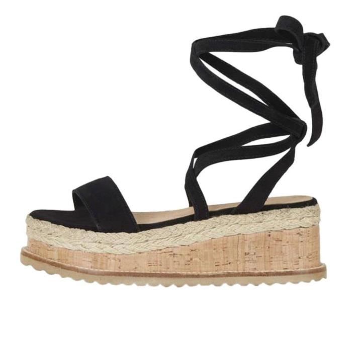 Sandales Plates Compens es Femme MINETOM Noir Lacets