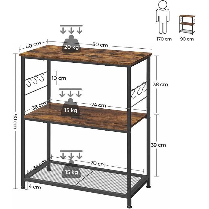 Soges Étagère Four Micro-Ondes 90x39x83 Cm – Support Cuisine En Acier Et Bois, Rangement Robuste Avec Crochets