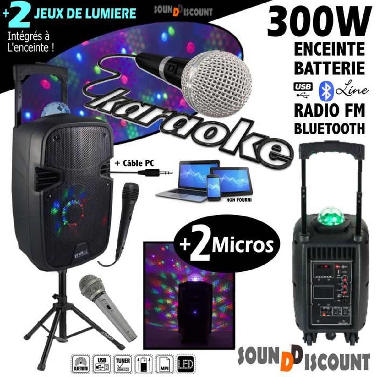 Pack Karaoké Enceinte Nomade 300W PARTY-8LED + Portique Lumière LEDBAR-ASTRO-RC - Bluetooth, Batterie, Micro
