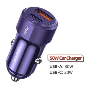 CHARGEUR TÉLÉPHONE Violet--Toocki-Chargeur USB Type-C 50W QC4.0 PD3.0, charge rapide, pour voiture, compatible avec iPhone Samsu