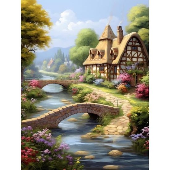 Canevas Point De Croix Kit Complet Adulte, Belle Ville Pastorale,H,50 * 70Cm Kit Broderie Point