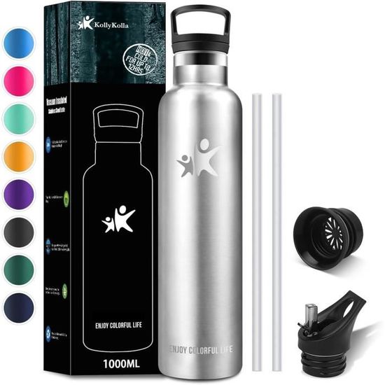 1L Gourde Inox Avec Paille 2 Paquets, 1 Litre Bouteille Isotherme