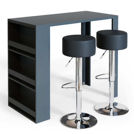 Set Table De Bar + 2 Tabourets 'Repose' - Anthracite - Dimensions 67x106x100 Cm - Étagère Intégrée - Pour Cuisine Ou Espace Détente