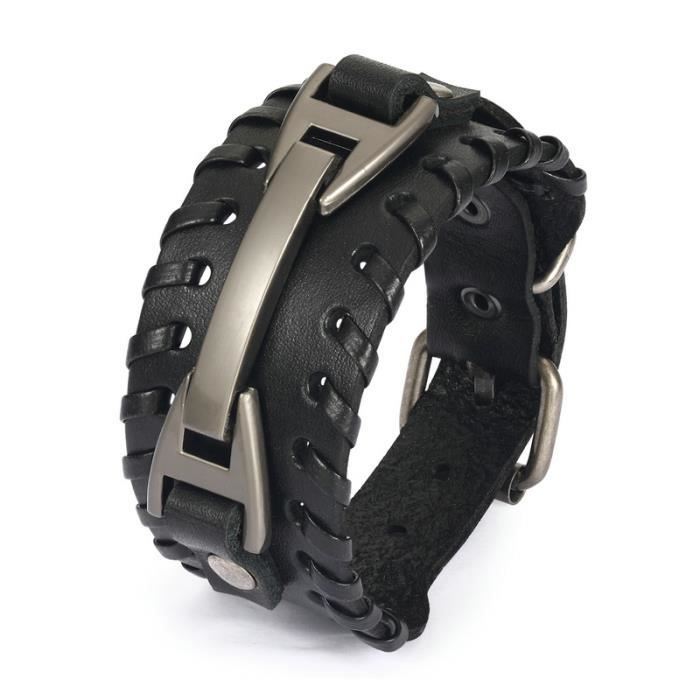 Bracelet manchette cuir véritable noir et métal acier cuivré polish argent - Bijoux Homme vintage rock - Ajustable