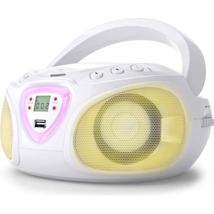 auna Roadie Boombox lecteur CD USB MP3 - Poste Radio AM/FM - Bluetooth 2.1 - Jeu de couleurs LED - blanc