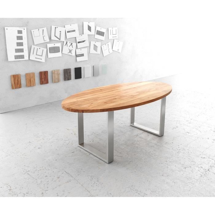 Table-de-salle-à-manger Edge acacia nature ovale 200x100 acier inoxydable étroit