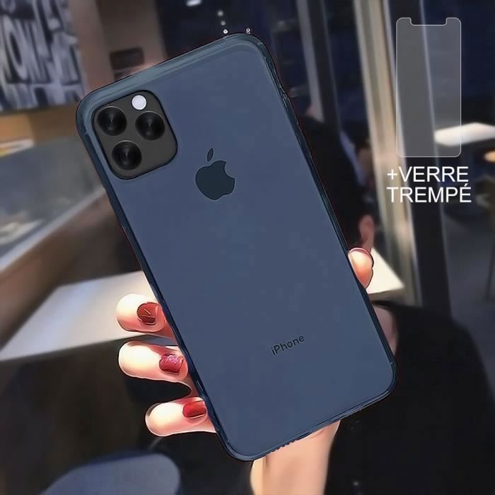 Coque iPhone 12 + Verre trempé Protection écran,Souple Silicone étui Protecteur Bumper Clair Bleu Marine