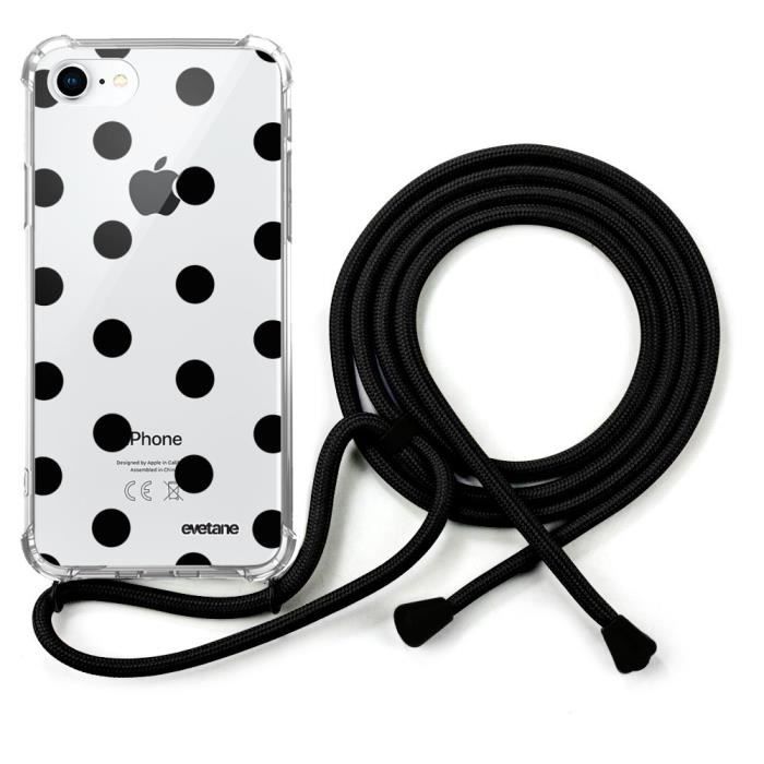 coque avec cordon noir iPhone 7/8 avec cordon Pois Noir Ecriture Tendance et Design Evetane