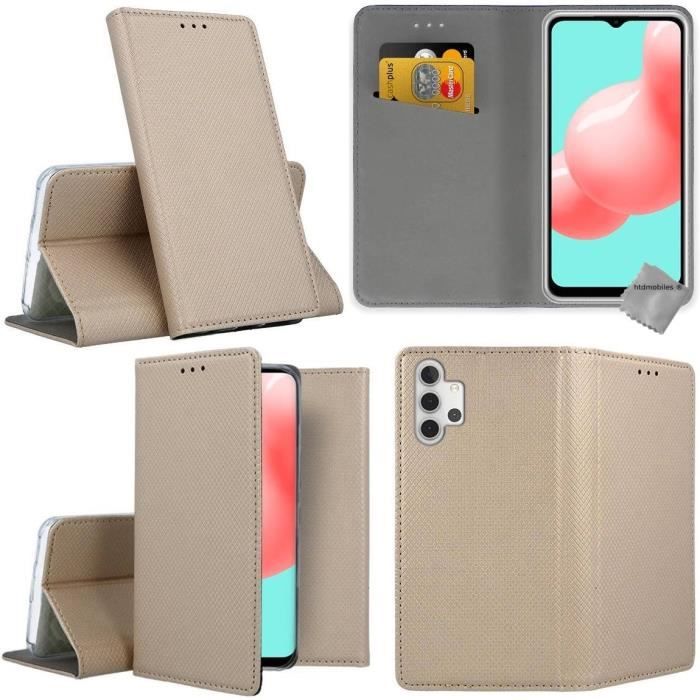 Housse etui portefeuille avec coque intérieure en silicone pour Samsung Galaxy A32 5G + verre trempe - OR MAGNET