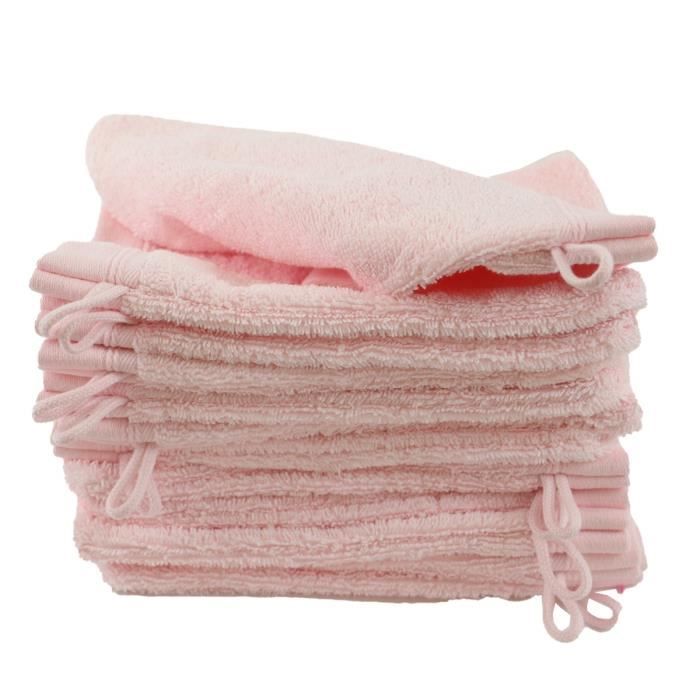 LINANDELLE - Lot de 12 gants de toilette coton bouclette unis FLEUR - Rose pâle