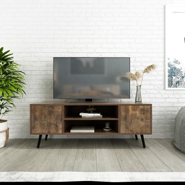 Meuble TV en bois avec pieds en métal avec étagères et trous de câble pour salon (2 portes)-Meerveil