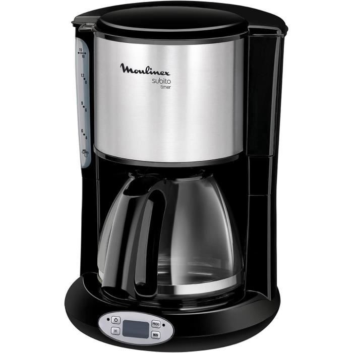 Moulinex FG362810 Cafetiere Filtre Principio Programmable 10-15 Tasses Verseuse Verre Anti-Goutte Maintien au Chaud Cafe Inox