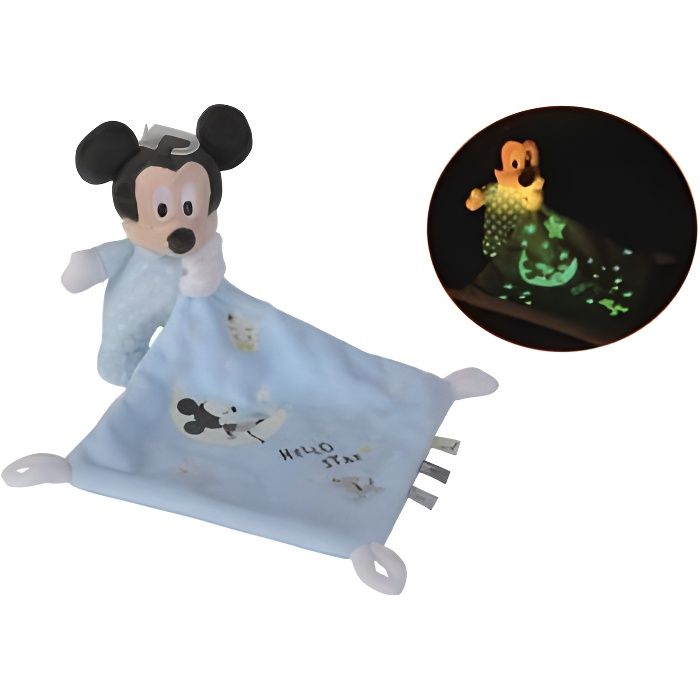 Peluche Mickey avec Mouchoir Phosphorescente Bleu 17 Cm - Disney - Doudou Brille Dans La Nuit Blanc et Bleu - Enfant - Cadeau Nais