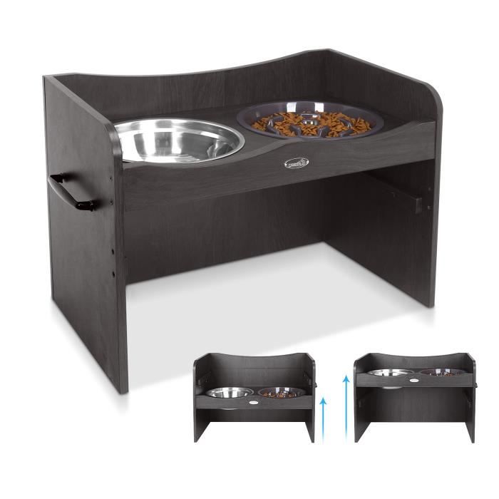 Pecute Gamelle Chien, Anti-Glouton Anti-Débordementet Bol Chien INOX,Support en Bois 2 Hauteurs Réglables 25cm/32cm