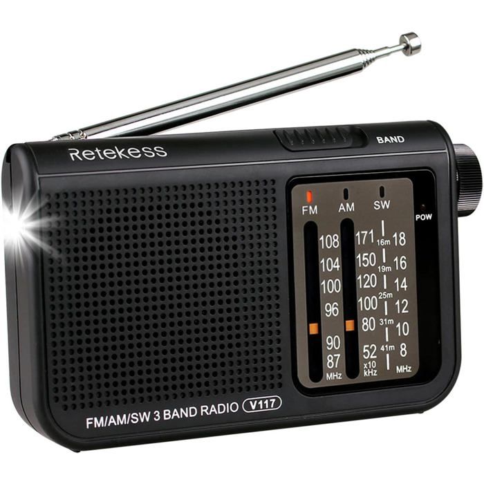 Retekess V117 Radio Portable Transistor Batterie Radio FM AM SW Radio de Poche avec Grande Molette pour Les Personnes Agées (Noir)