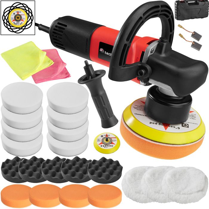 TECTAKE Polisseuse Excentrique avec Set de Polissage 18 Eponges et 2 Disques